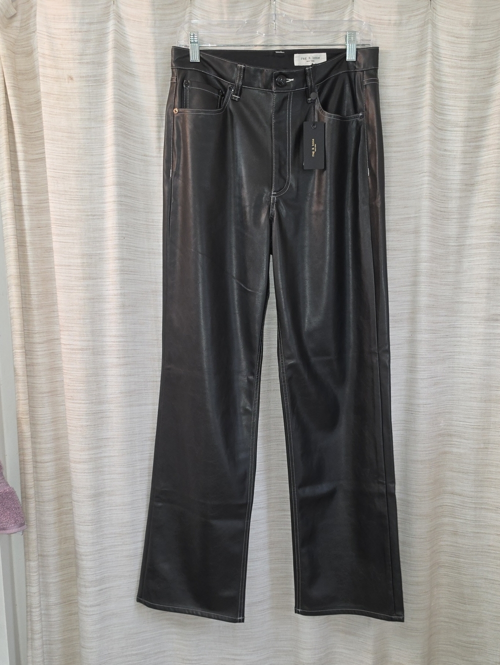 NWT rag & bone Shea Black Faux Leather Straight Leg Pants Size 28
